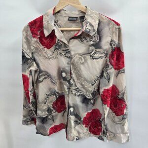 Additions by Chico's Cream Gray Red Roses Button Down Long Sleeved Shirt 0/XS